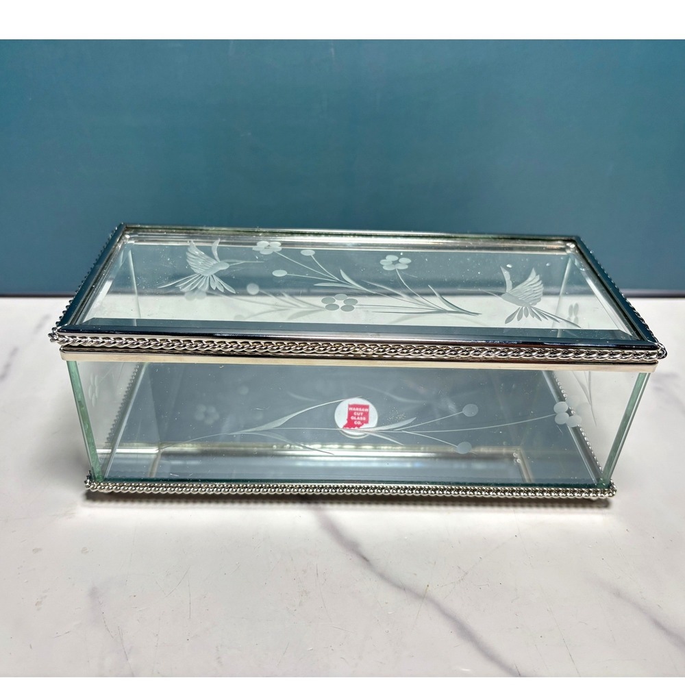 Warsaw Cut Glass Etched Hummingbird Glass Jewelry Box Silver Tone Mirror Base